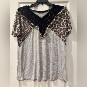Leopard and Stripe V-Neck Top